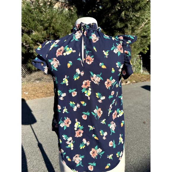 SIENNA Sky Blouse Small Blue Floral Ruffle keyhole Cap Sleeve Top Flowy Womens - Picture 2 of 7